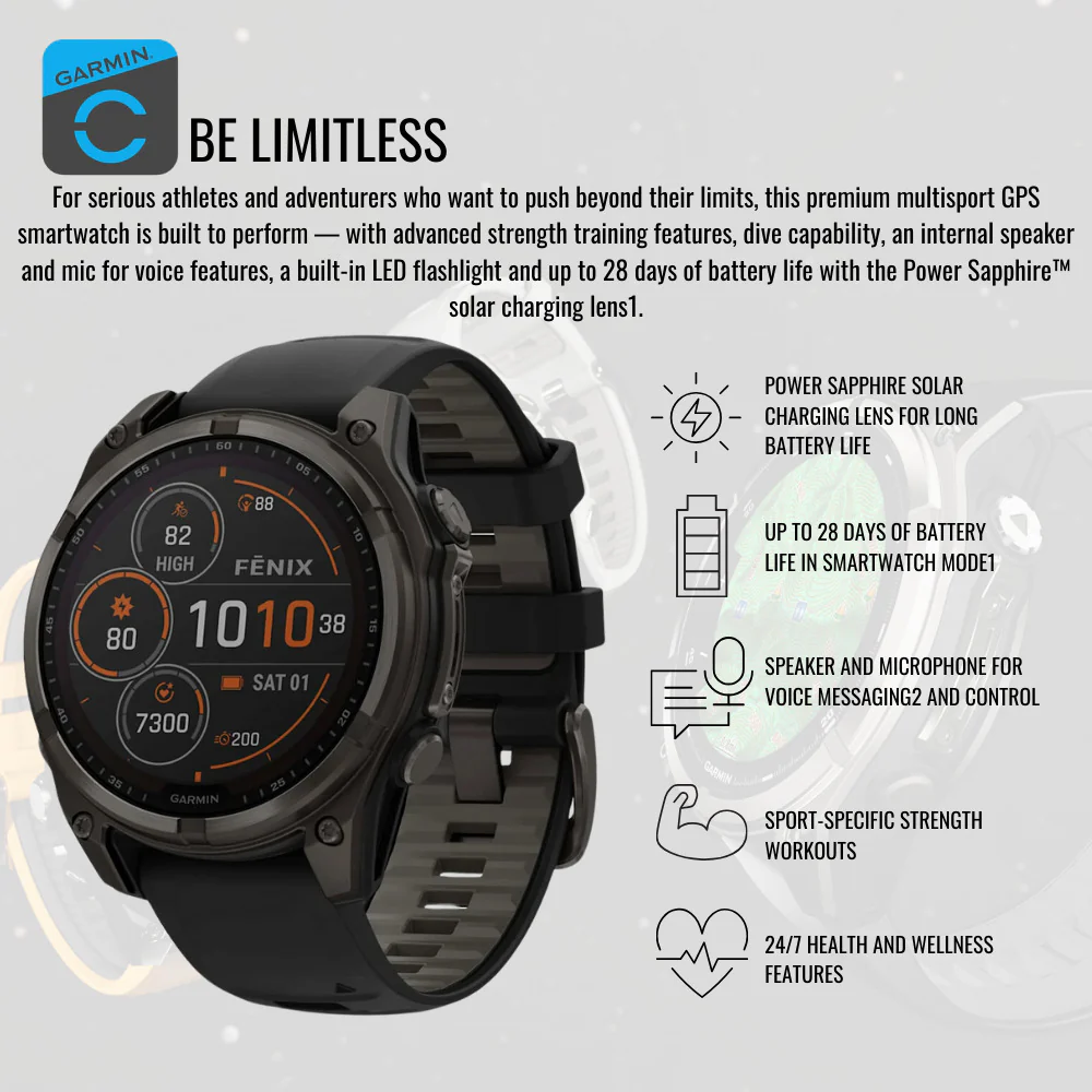Garmin Fenix 8 Sapphire Solar 47mm Smartwatch (Black and Pebble Gray) with Portable Accessory Bundle - Image 3